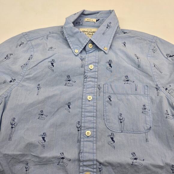 Abercrombie & Fitch Babe Pin Up Short Sleeve Button Shirt Men Medium Muscle Fit - Picture 6 of 9